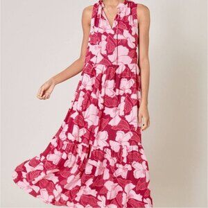Sugarlips Juliet Pink Floral Split Neck Tiered Maxi Dress Size Large Sleeveless